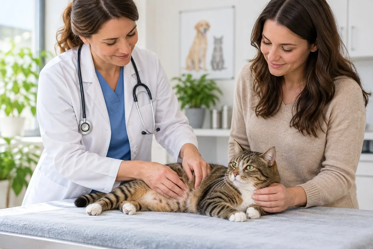 Veterinarian gently examining a tabby cat while its owner supports it